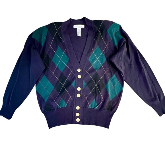 Vintage Cardigan Gold Button Argyle Academia Wool Blue Old Money Grandpa Size M - Picture 1 of 12